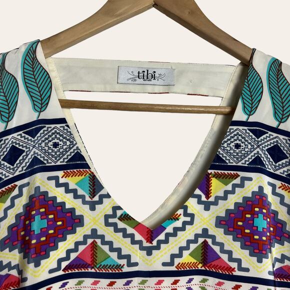 Tibi Aztec Mixed Print 10% Silk Sleeveless V-Neck Mini Shift Dress Size 6 - Picture 6 of 10